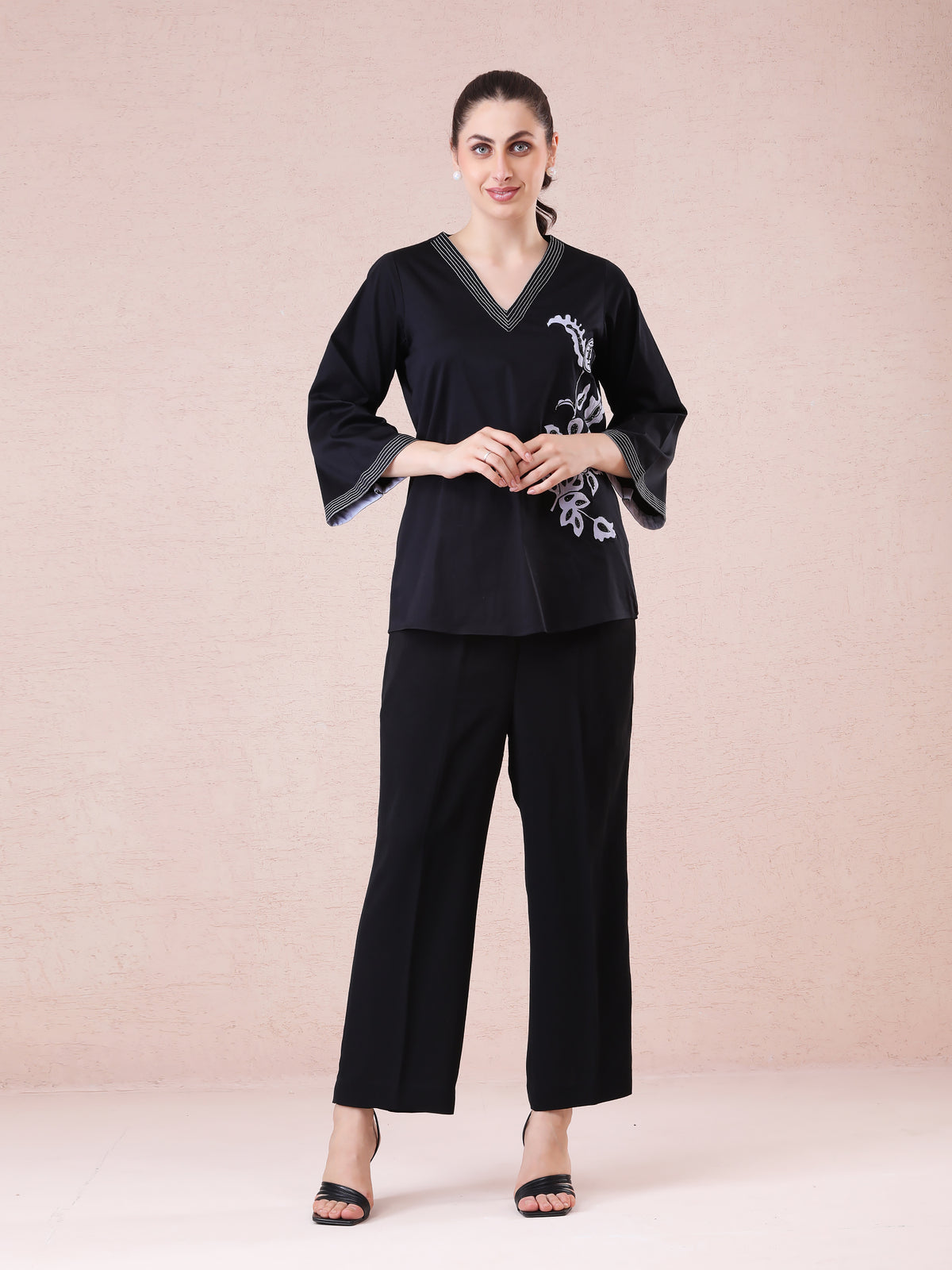Black Modal Satin Coord Set with Appliqué & Hand Embroidery