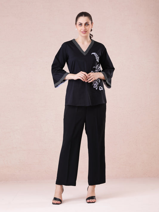 Black Modal Satin Coord Set with Appliqué & Hand Embroidery