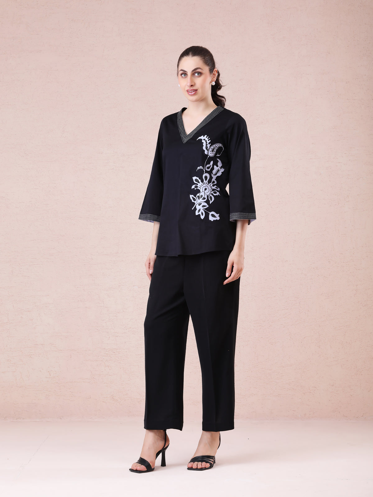 Black Modal Satin Coord Set with Appliqué & Hand Embroidery — product photo