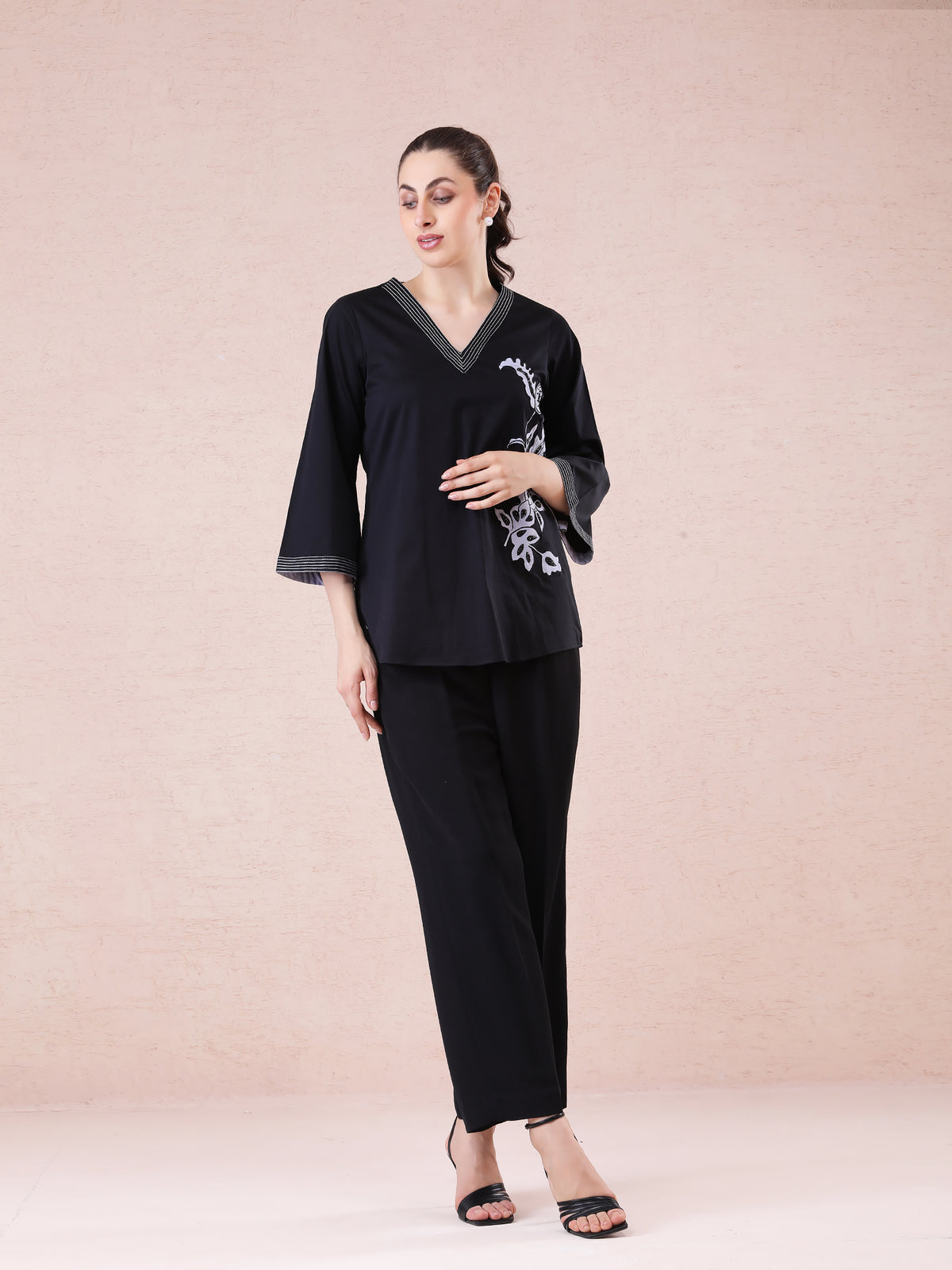 Black Modal Satin Coord Set with Appliqué & Hand Embroidery — product photo