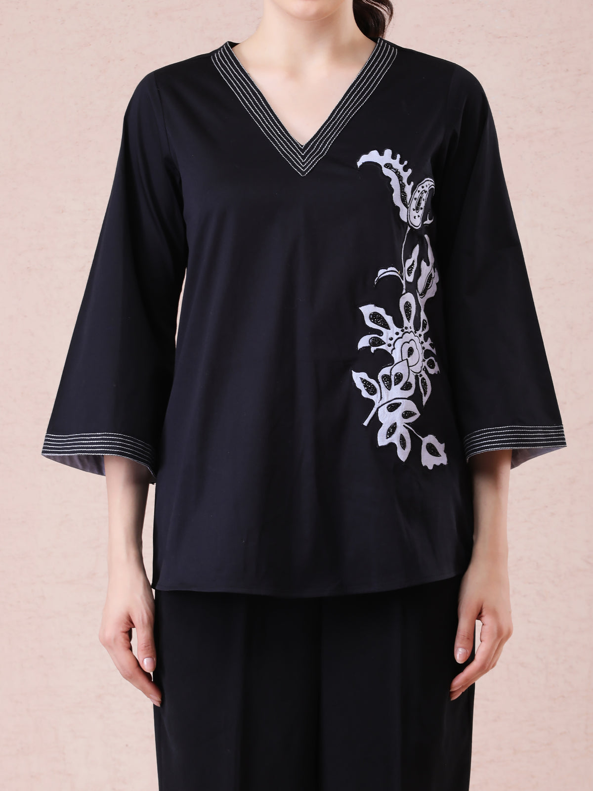 Black Modal Satin Coord Set with Appliqué & Hand Embroidery — product photo
