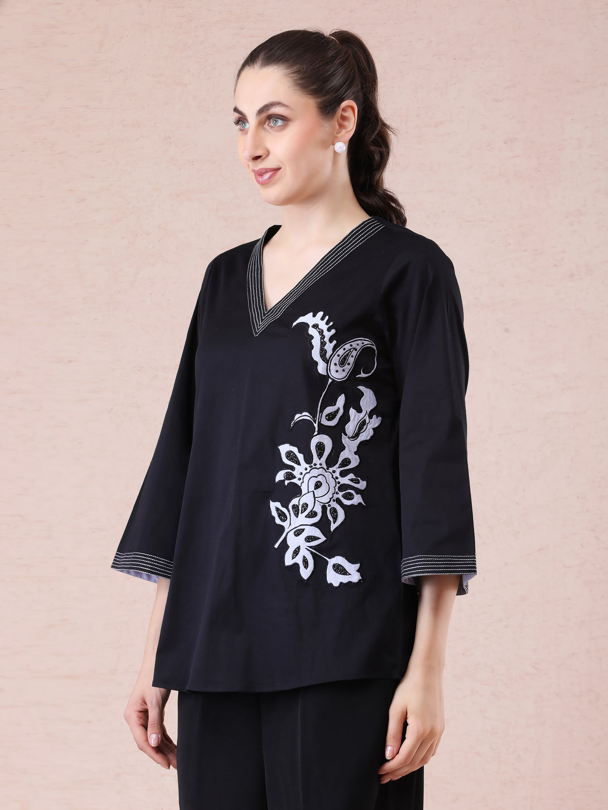 Black Modal Satin Coord Set with Appliqué & Hand Embroidery — product photo