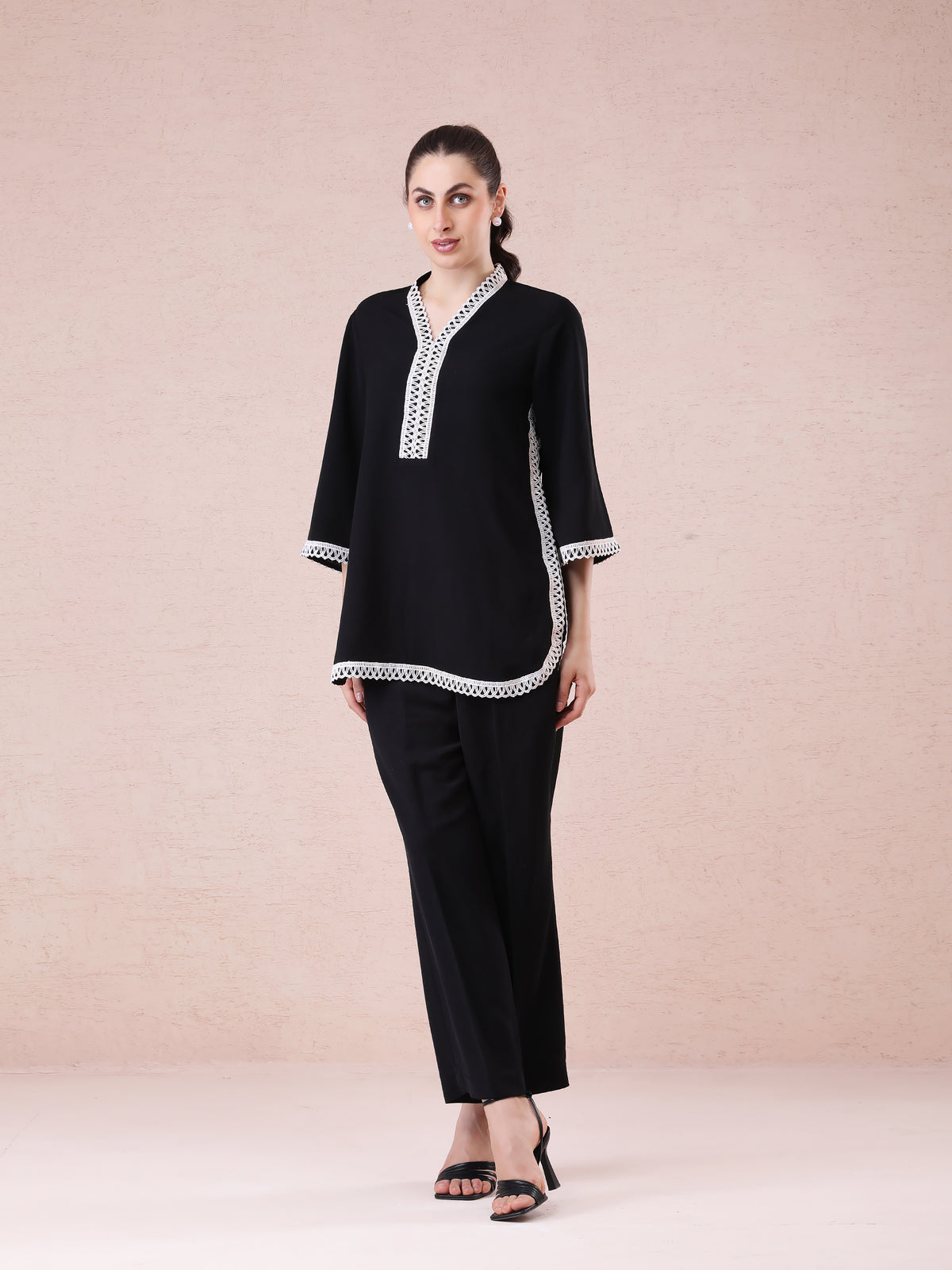 Black Georgette Coord Set with Elegant Lace Detailing — product photo