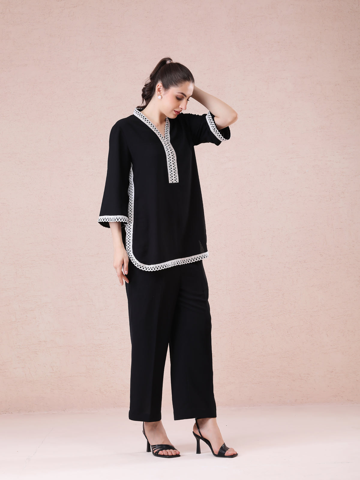 Black Georgette Coord Set with Elegant Lace Detailing — product photo