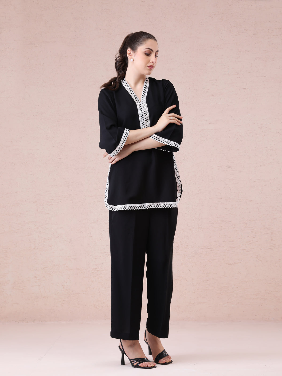 Black Georgette Coord Set with Elegant Lace Detailing — product photo