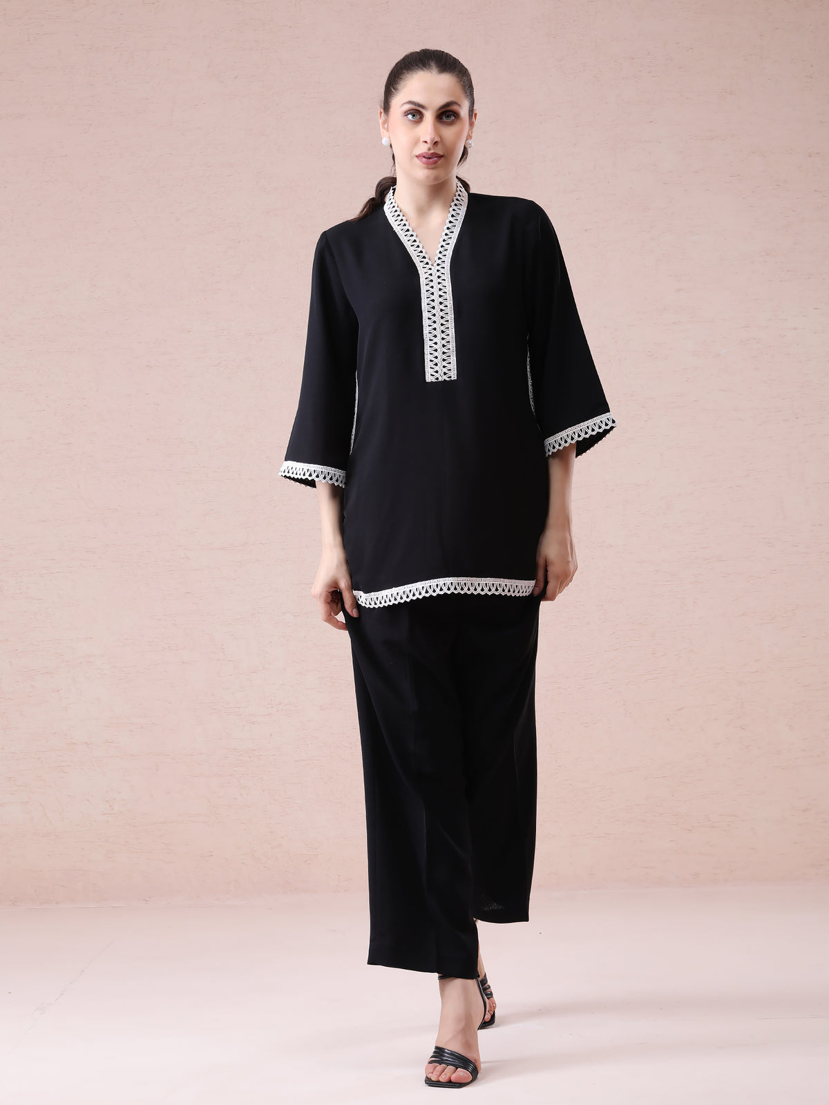 Black Georgette Coord Set with Elegant Lace Detailing — product photo