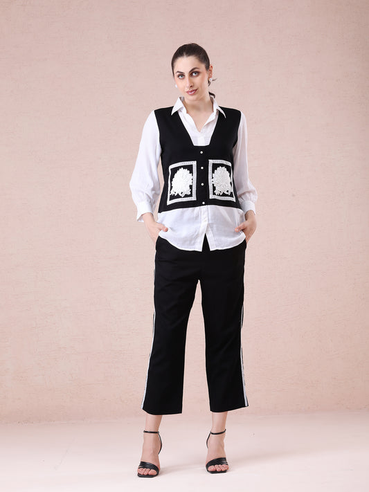Black & White Coord Set in Modal Satin & Linen Crepe with Appliqué and Lace Detailing