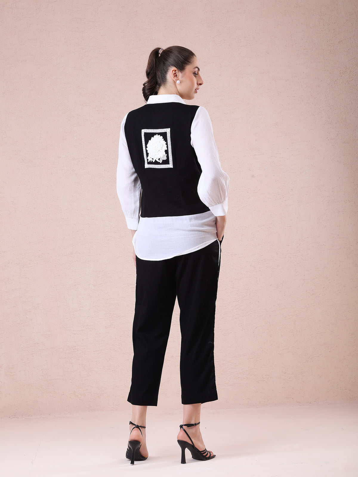 Black & White Coord Set in Modal Satin & Linen Crepe with Appliqué and Lace Detailing — product photo