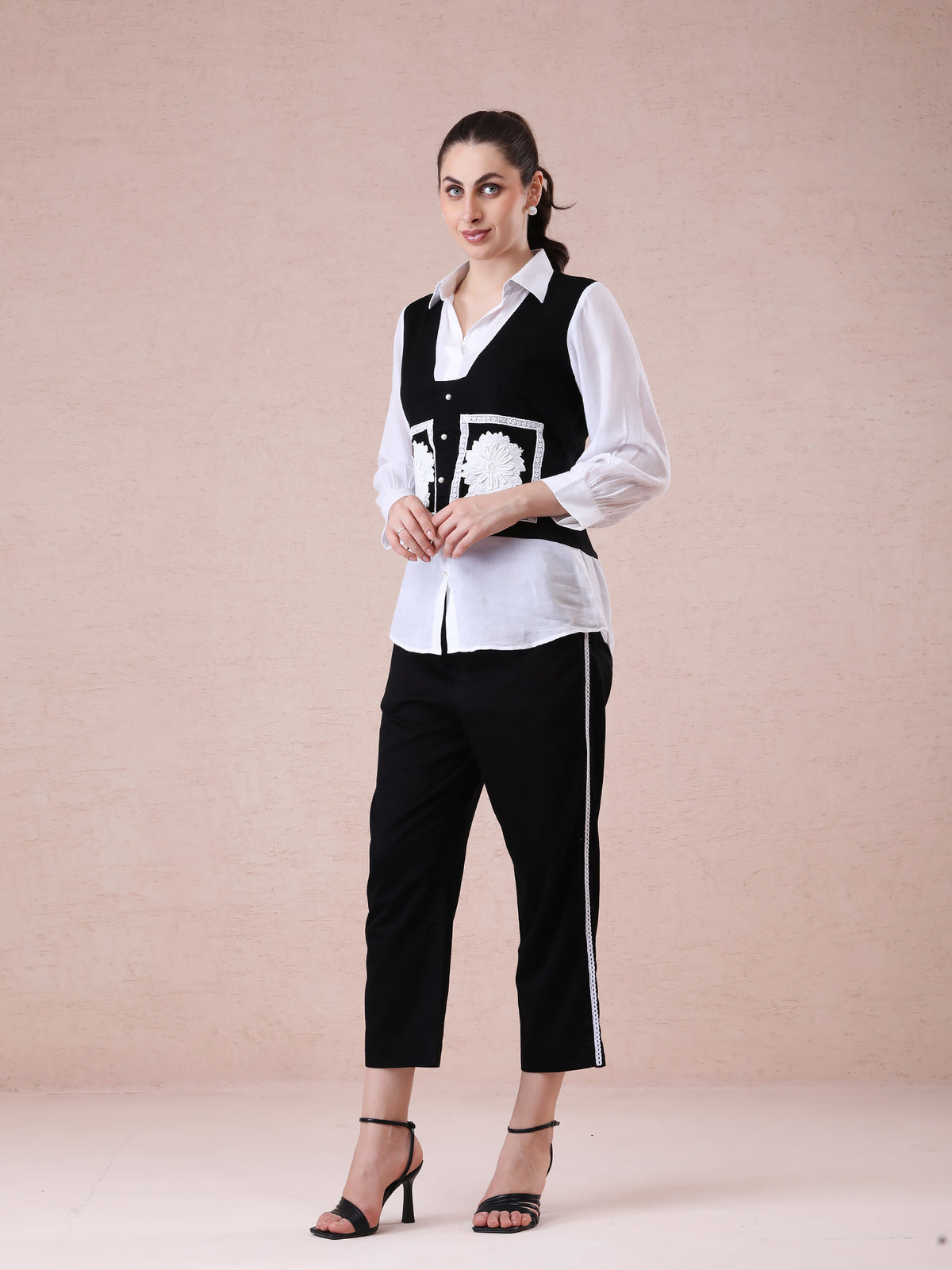 Black & White Coord Set in Modal Satin & Linen Crepe with Appliqué and Lace Detailing — product photo
