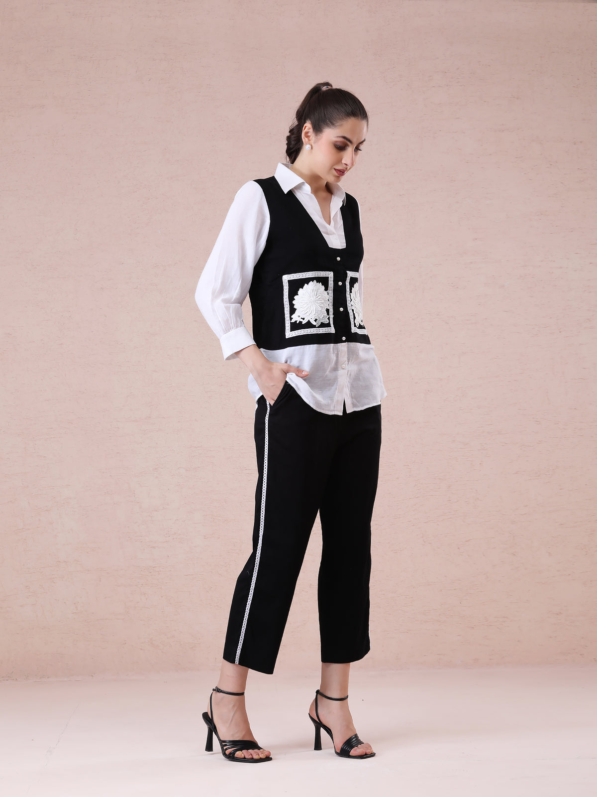 Black & White Coord Set in Modal Satin & Linen Crepe with Appliqué and Lace Detailing — product photo