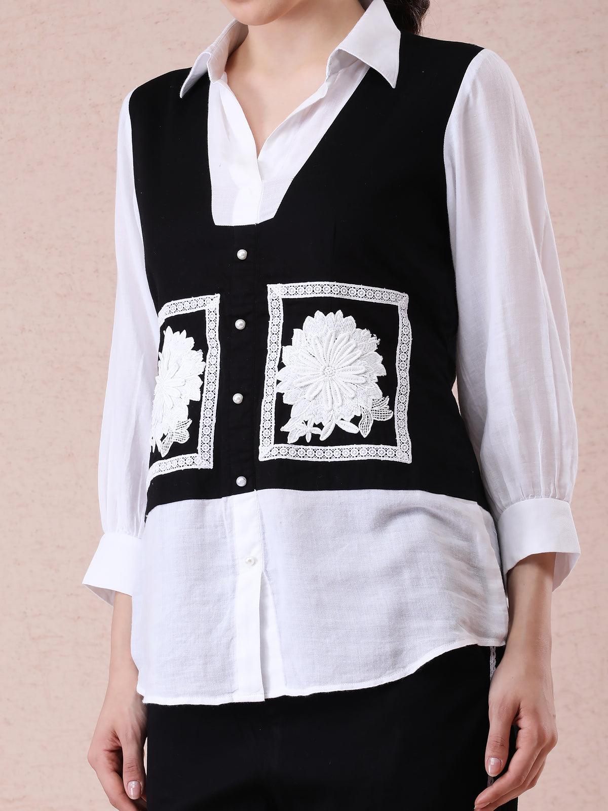 Black & White Coord Set in Modal Satin & Linen Crepe with Appliqué and Lace Detailing — product photo