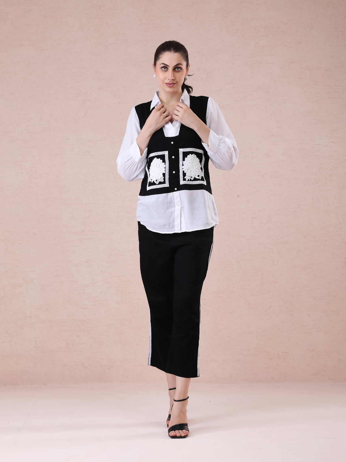 Black & White Coord Set in Modal Satin & Linen Crepe with Appliqué and Lace Detailing — product photo