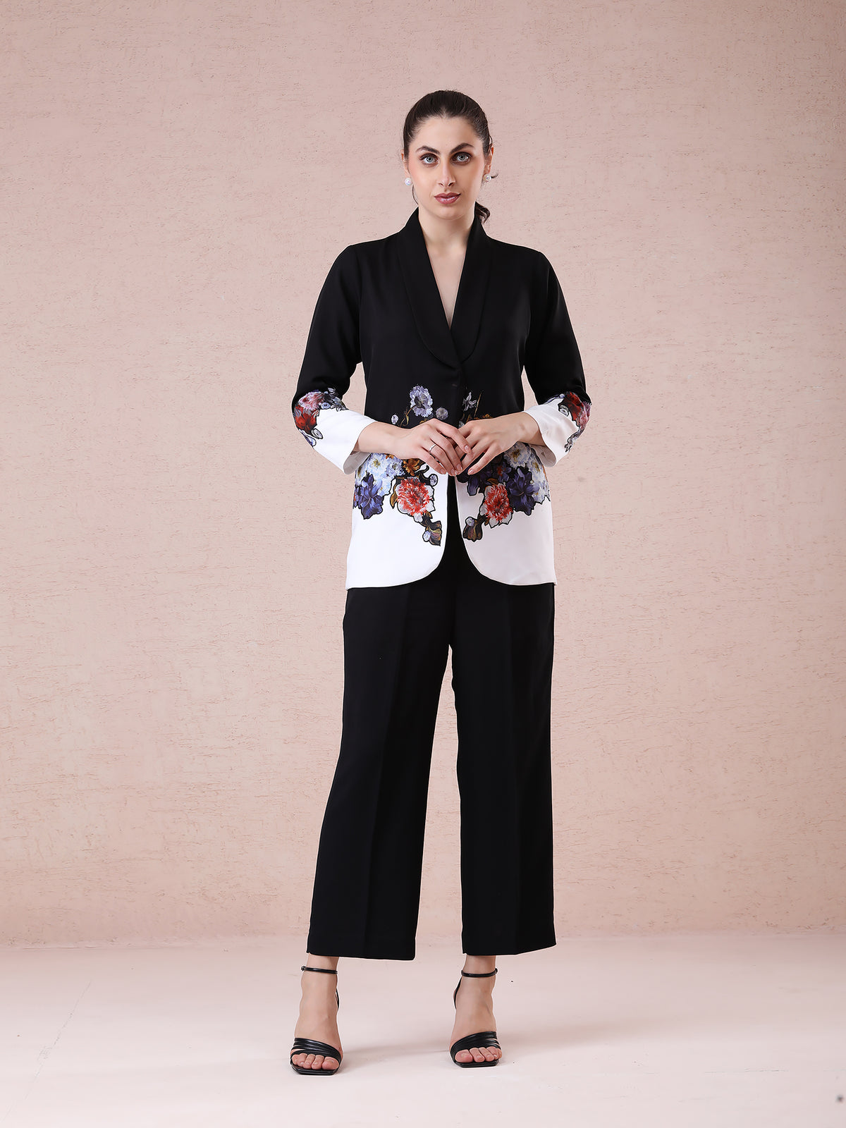 Black & Off-White Banana Crepe Blazer Set with Multicolored Flower Appliqué