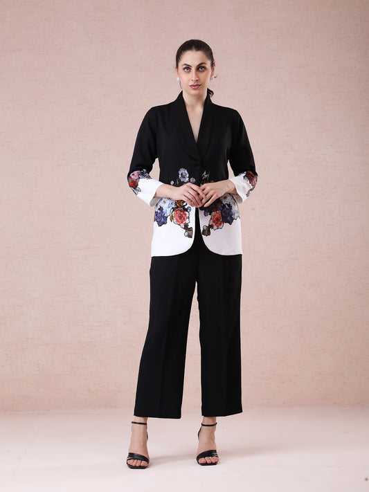 Black & Off-White Banana Crepe Blazer Set with Multicolored Flower Appliqué