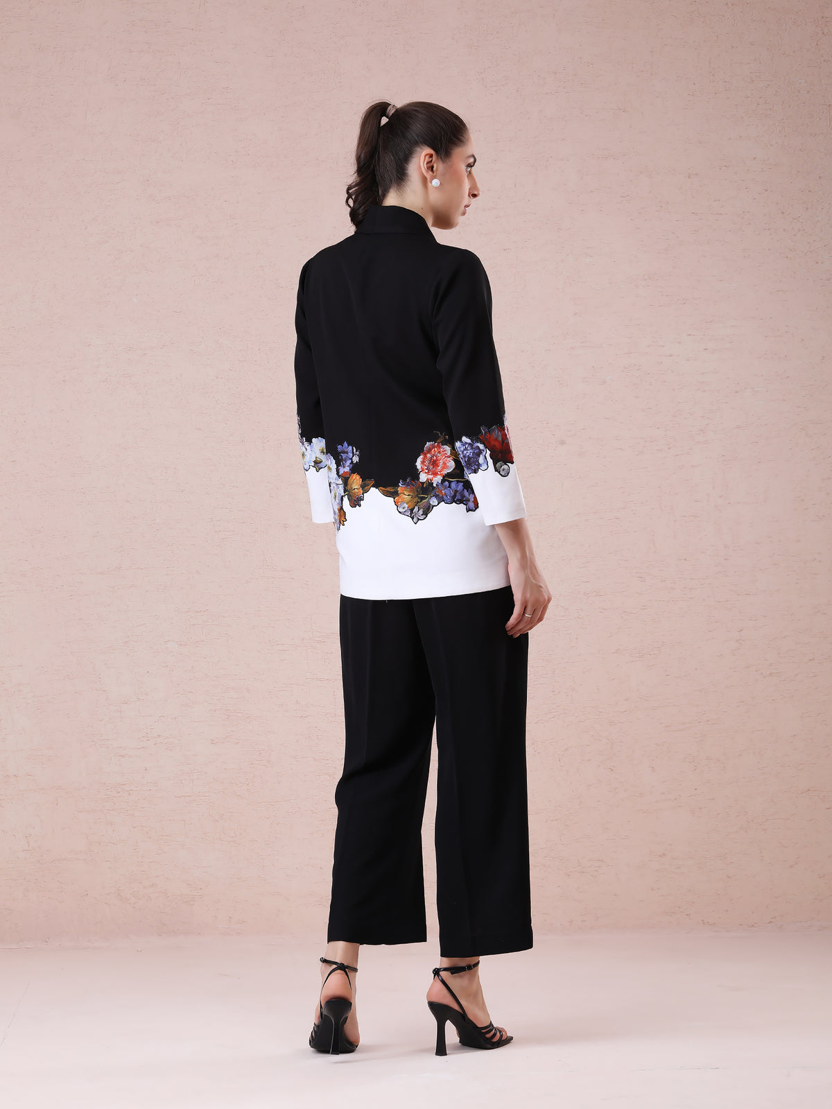 Black & Off-White Banana Crepe Blazer Set with Multicolored Flower Appliqué — product photo