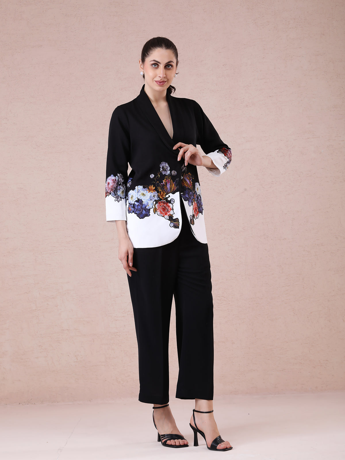Black & Off-White Banana Crepe Blazer Set with Multicolored Flower Appliqué — product photo