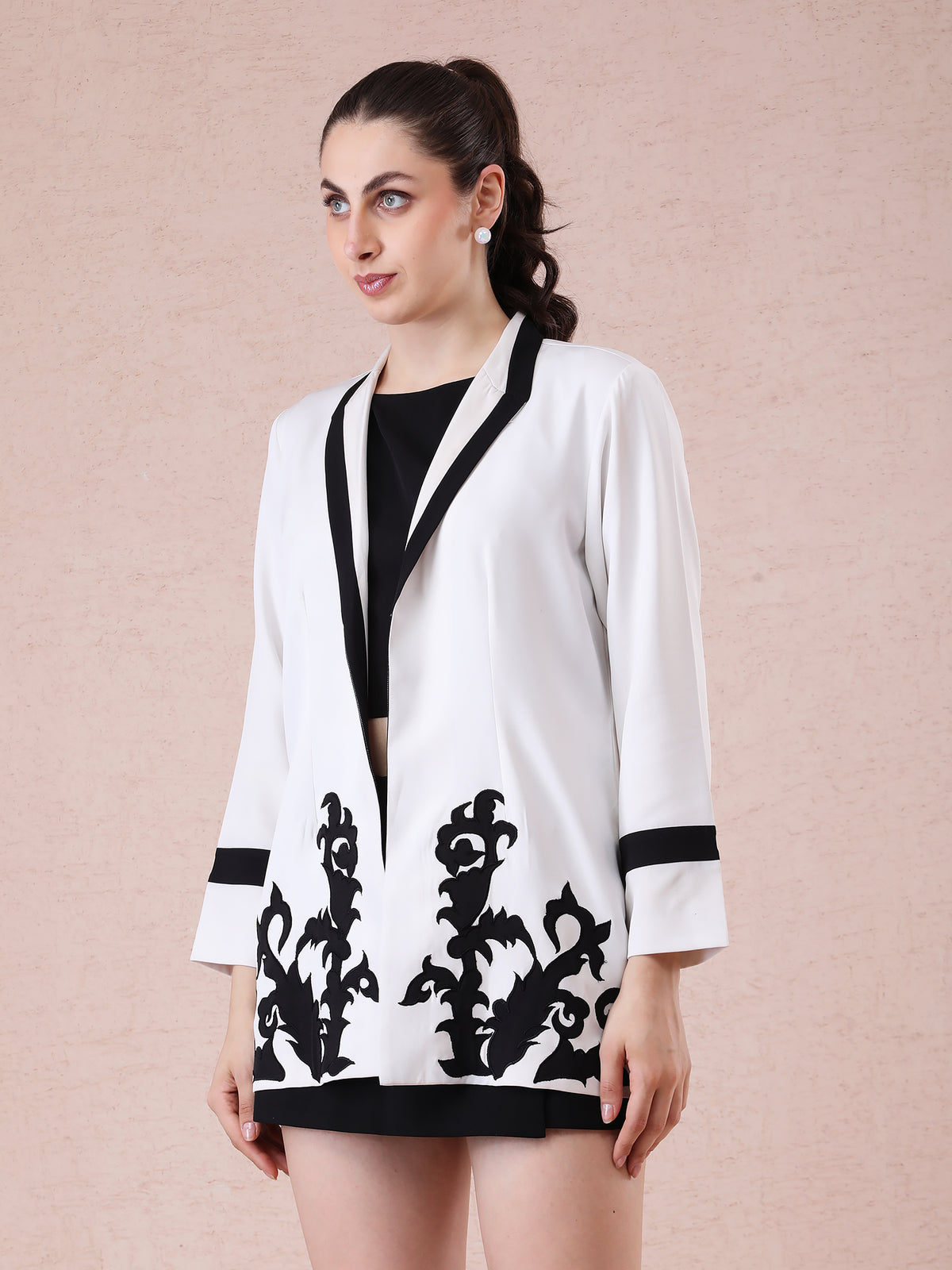 Off-White Blazer with Black Appliqué Embroidery & Contrast Collar Detailing — product photo