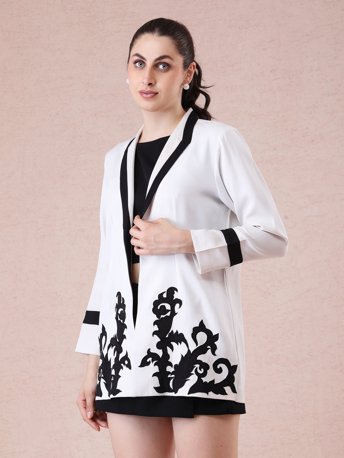 Off-White Blazer with Black Appliqué Embroidery & Contrast Collar Detailing — product photo