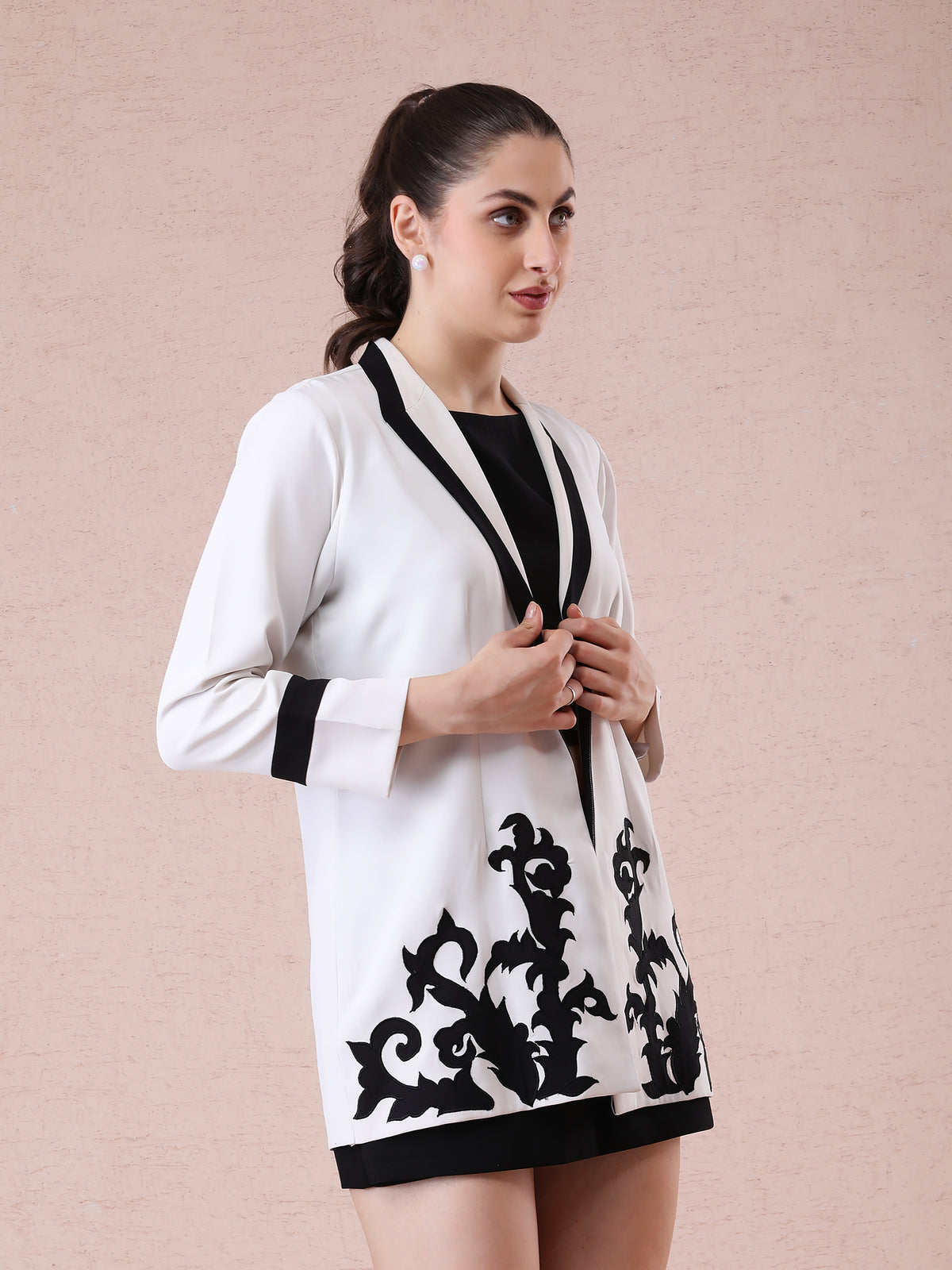 Off-White Blazer with Black Appliqué Embroidery & Contrast Collar Detailing — product photo