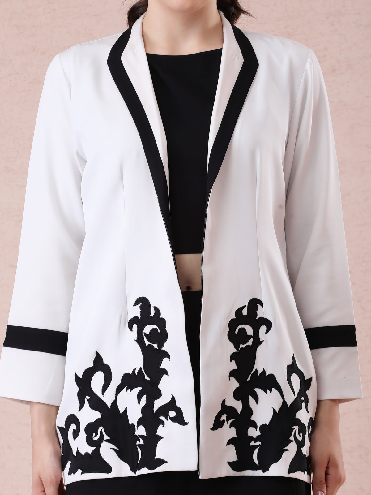 Off-White Blazer with Black Appliqué Embroidery & Contrast Collar Detailing — product photo