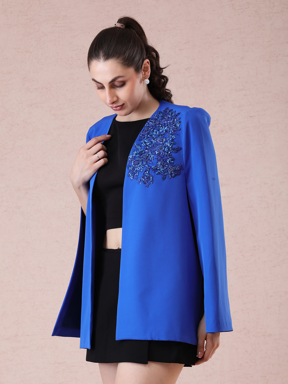 Royal Blue Cape with Hand Embroidery Patch in Banana Crepe Fabric — product photo