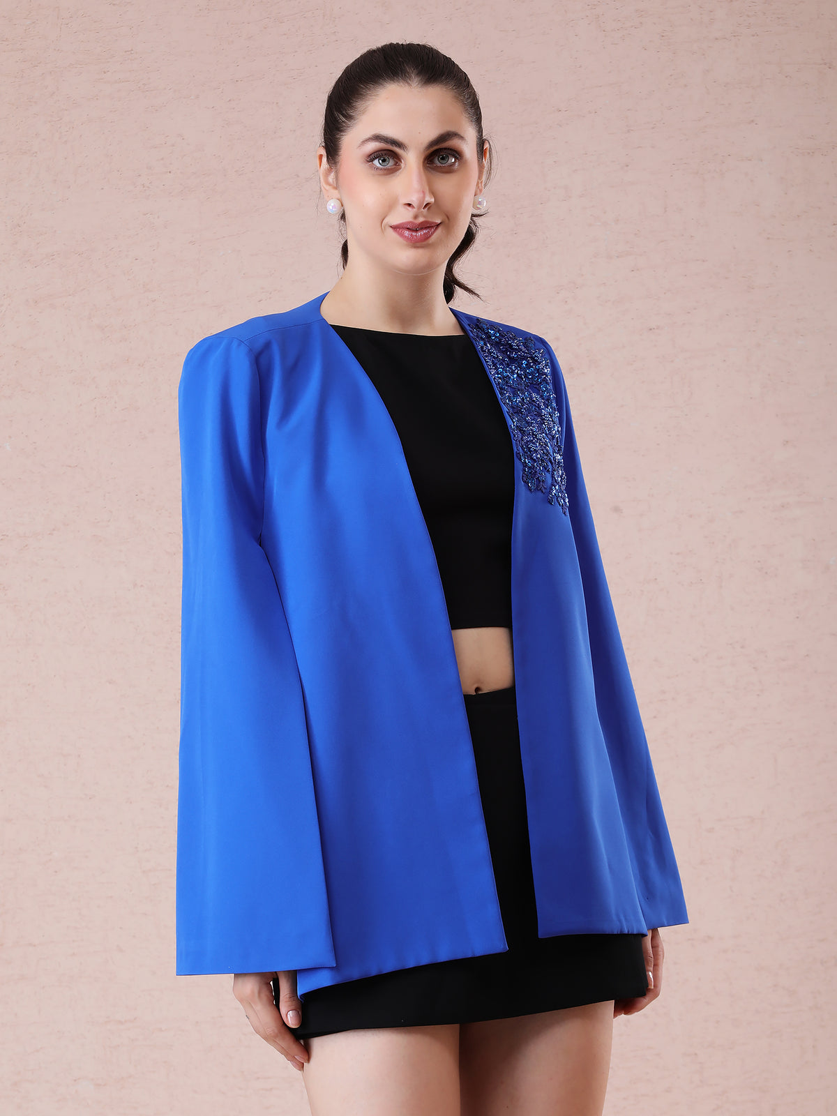 Royal Blue Cape with Hand Embroidery Patch in Banana Crepe Fabric — product photo