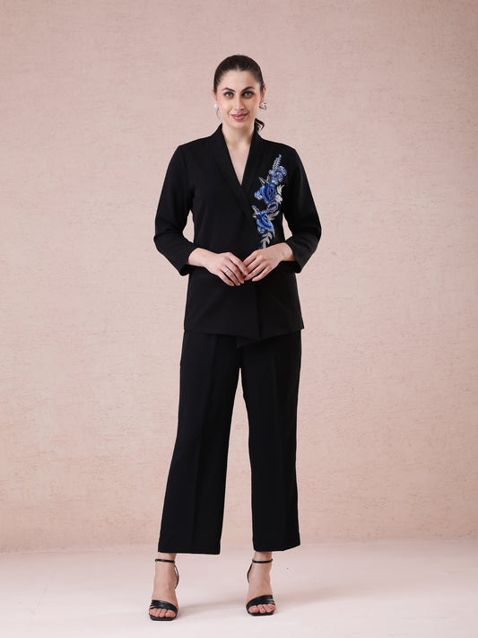 Black Banana Crepe Blazer Set with Blue Multicolor Thread Embroidery & Appliqué Work