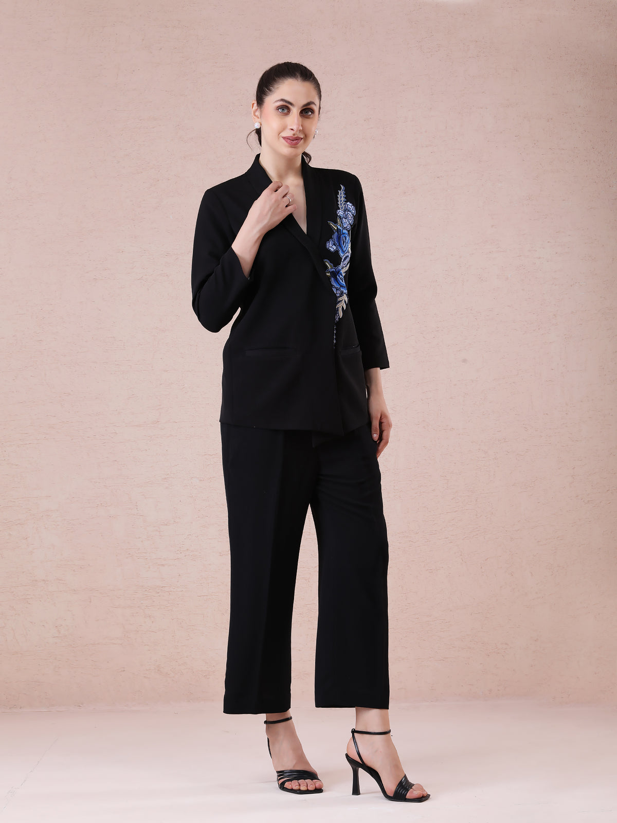 Black Banana Crepe Blazer Set with Blue Multicolor Thread Embroidery & Appliqué Work — product photo