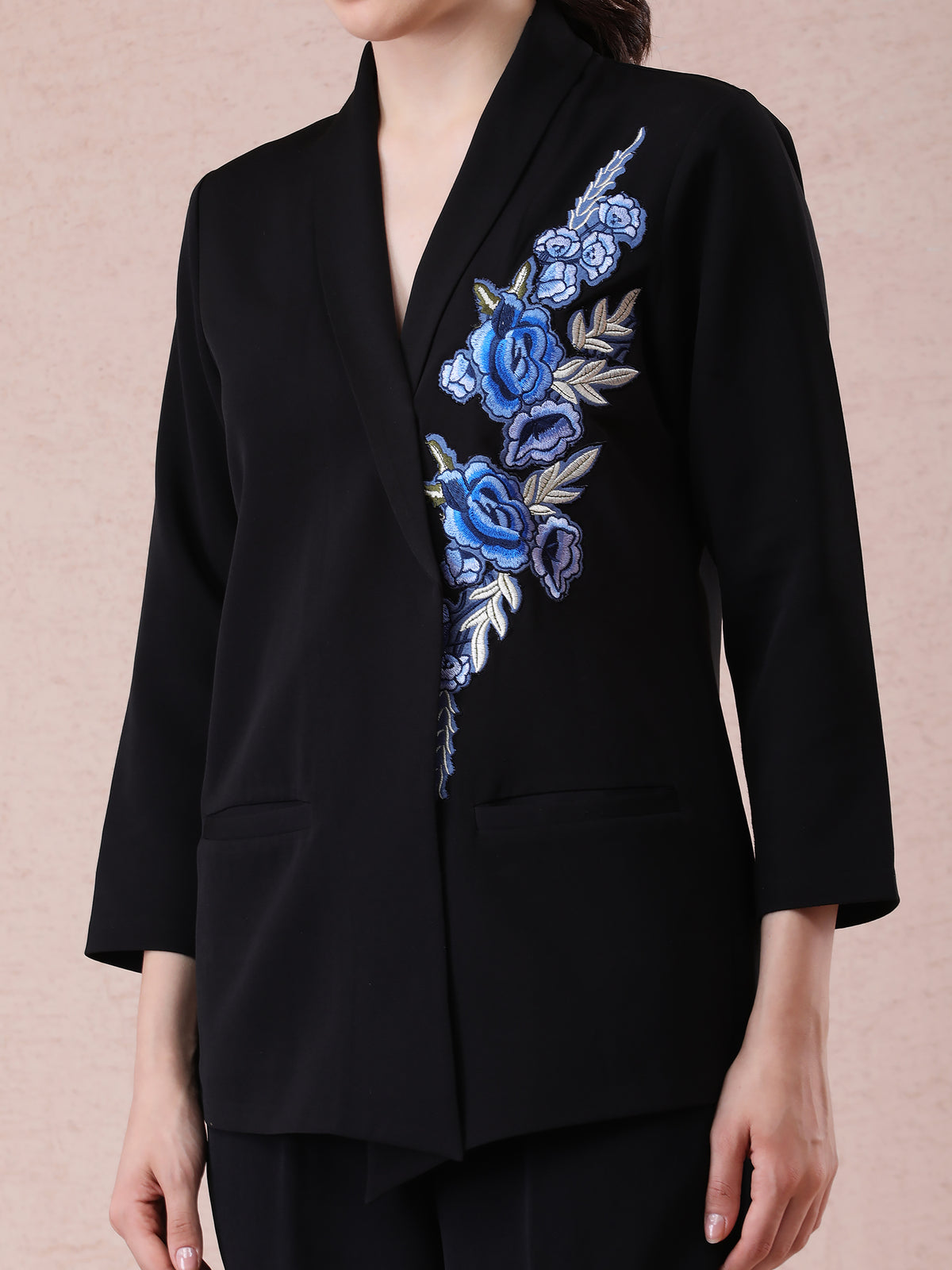 Black Banana Crepe Blazer Set with Blue Multicolor Thread Embroidery & Appliqué Work — product photo