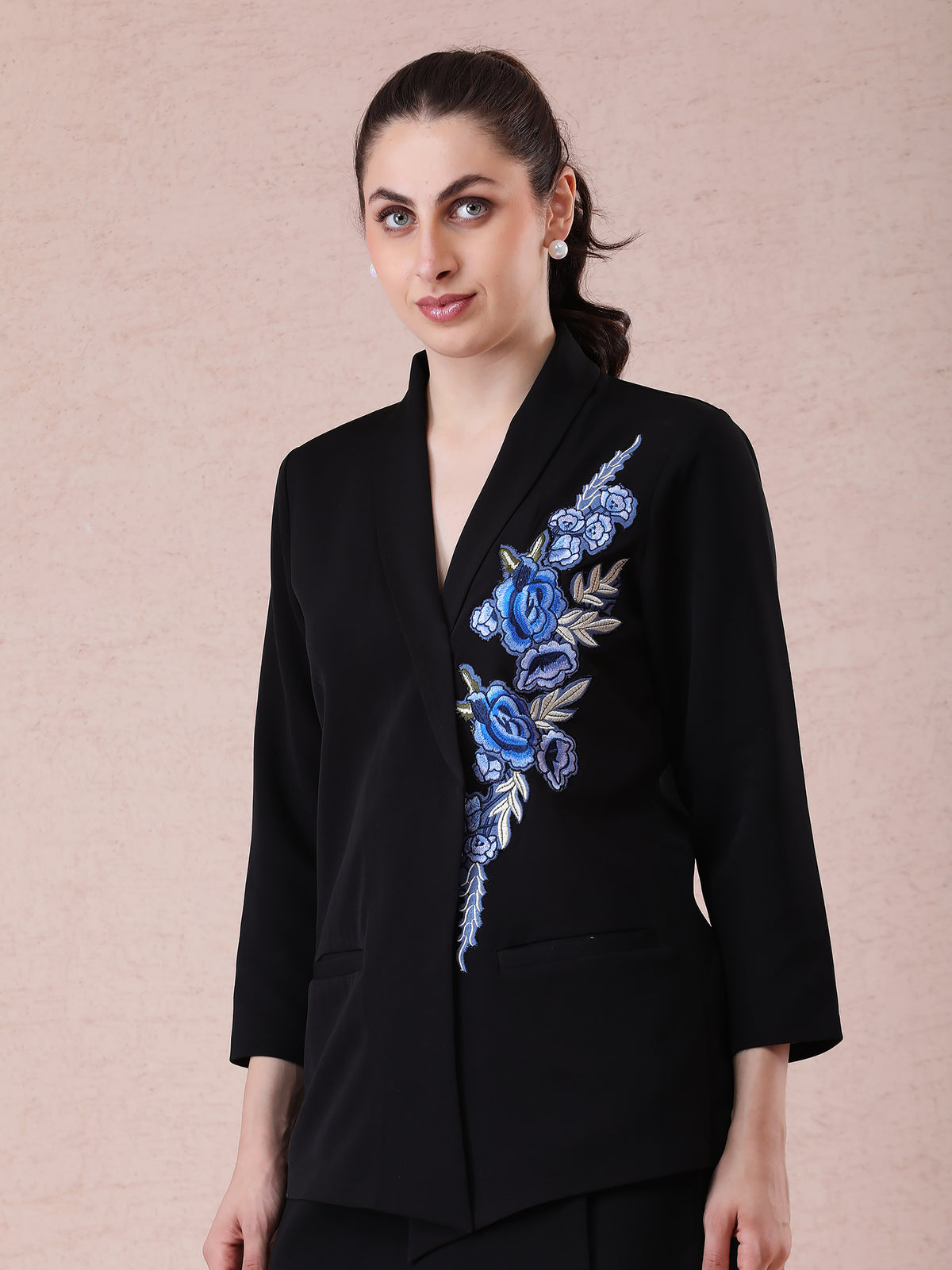Black Banana Crepe Blazer Set with Blue Multicolor Thread Embroidery & Appliqué Work — product photo