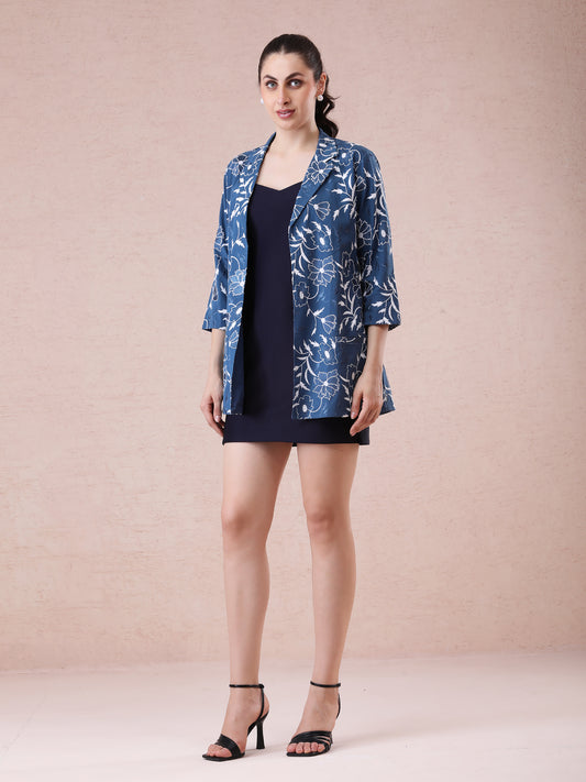 Banana Crepe Short Dress with Blue Thread Embroidery & Premium Cotton Jacket