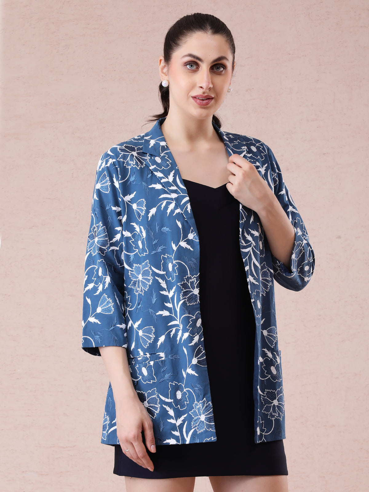 Banana Crepe Short Dress with Blue Thread Embroidery & Premium Cotton Jacket — product photo