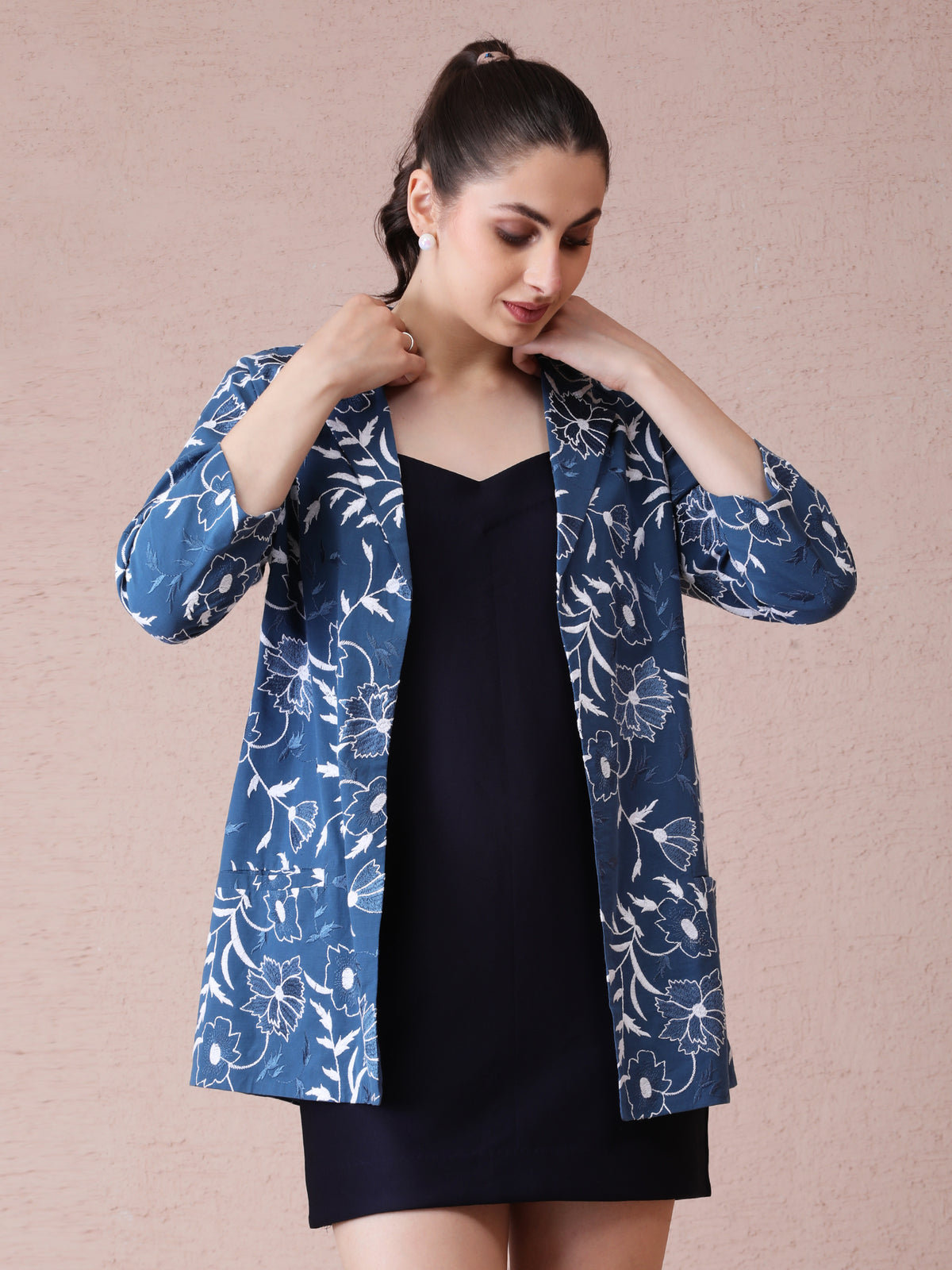 Banana Crepe Short Dress with Blue Thread Embroidery & Premium Cotton Jacket — product photo