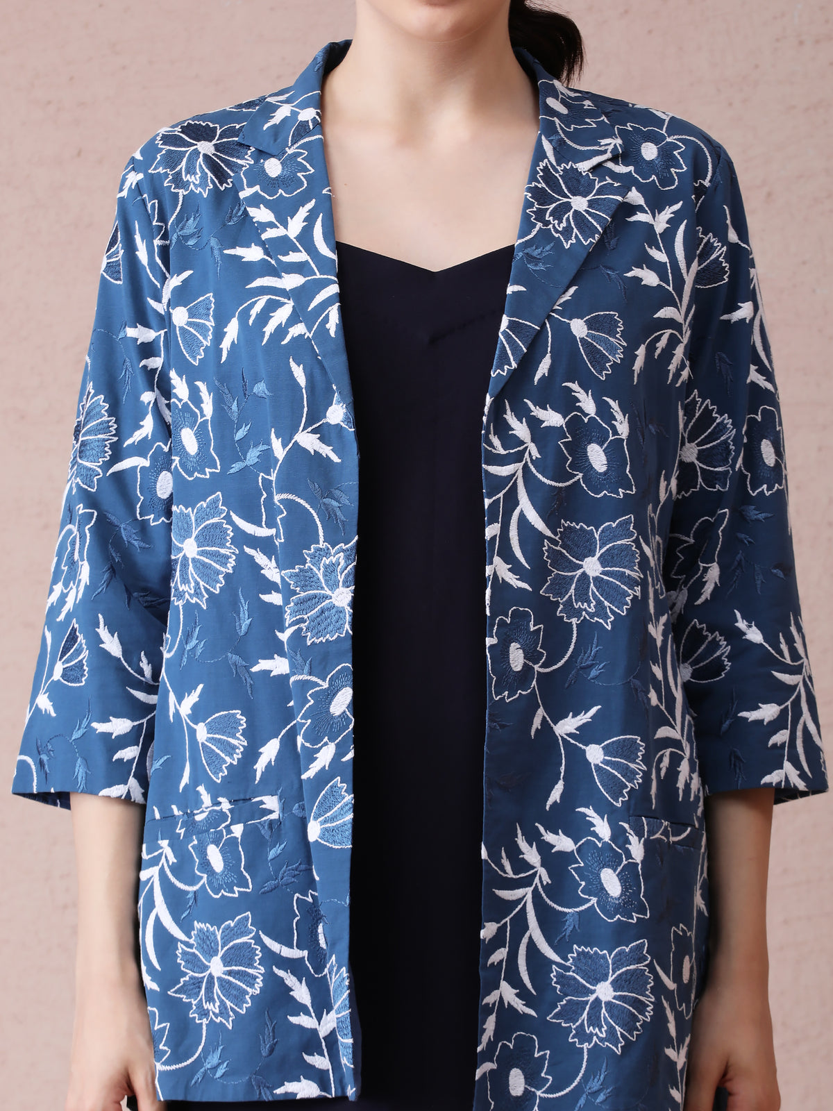 Banana Crepe Short Dress with Blue Thread Embroidery & Premium Cotton Jacket — product photo