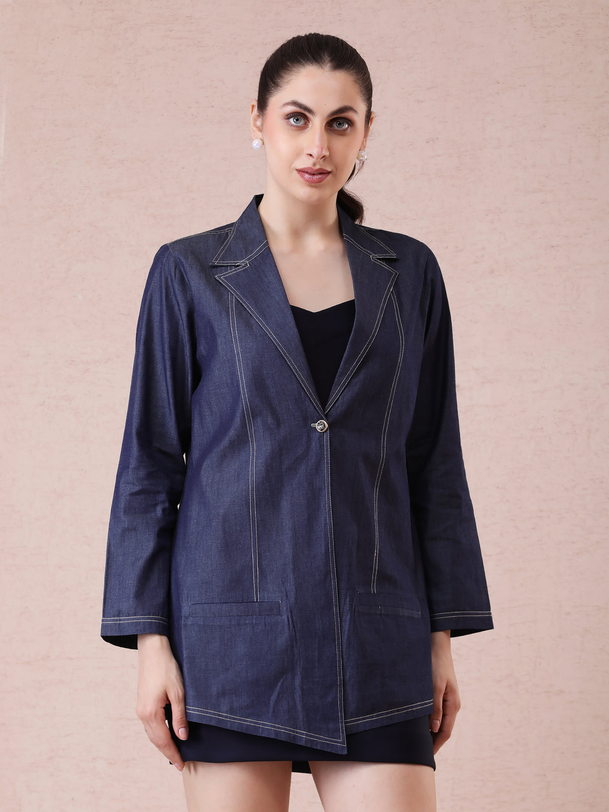 Soft Denim Jacket with Thread Detailing & Asymmetrical Cut — product photo