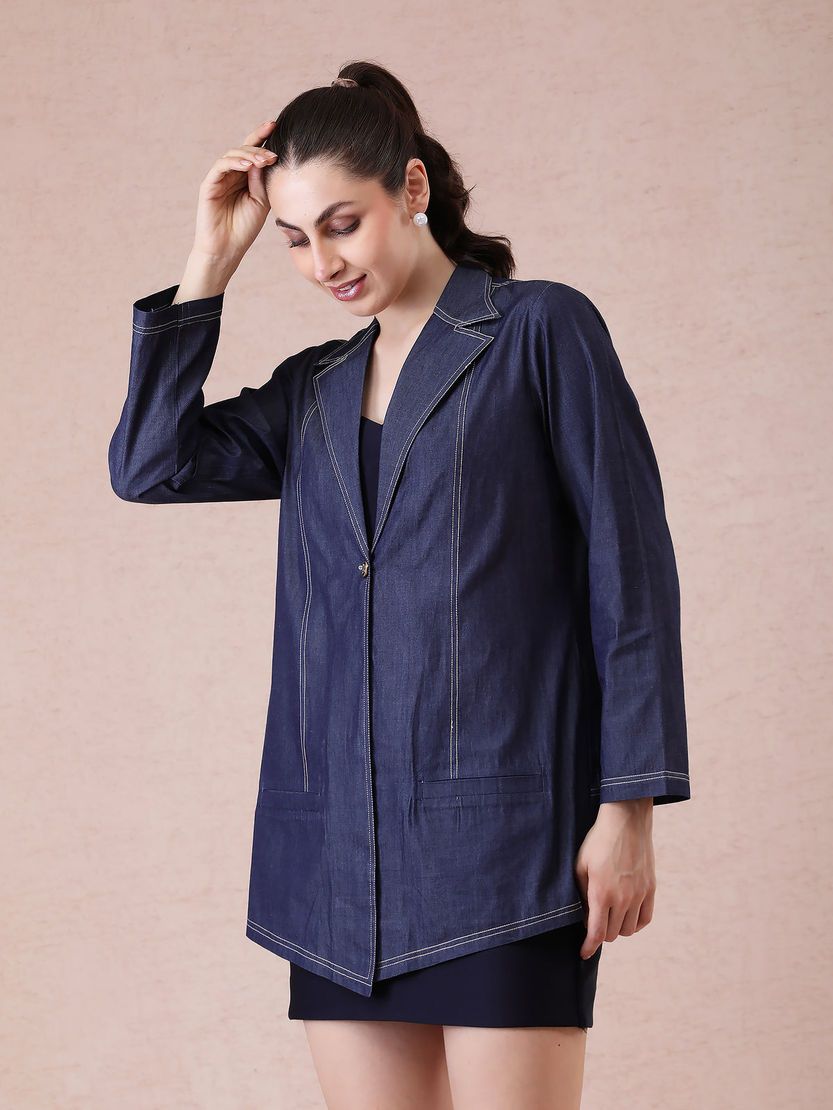 Soft Denim Jacket with Thread Detailing & Asymmetrical Cut — product photo