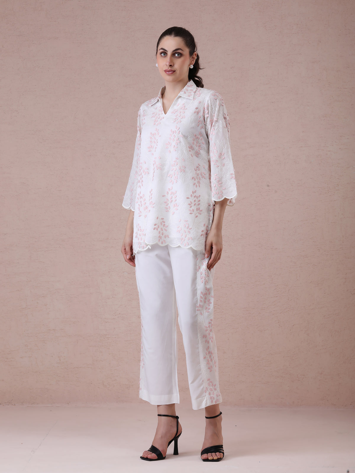 Mal Chanderi Off-White Coord Set with 3D Appliqué Work & Detailed Straight Pants