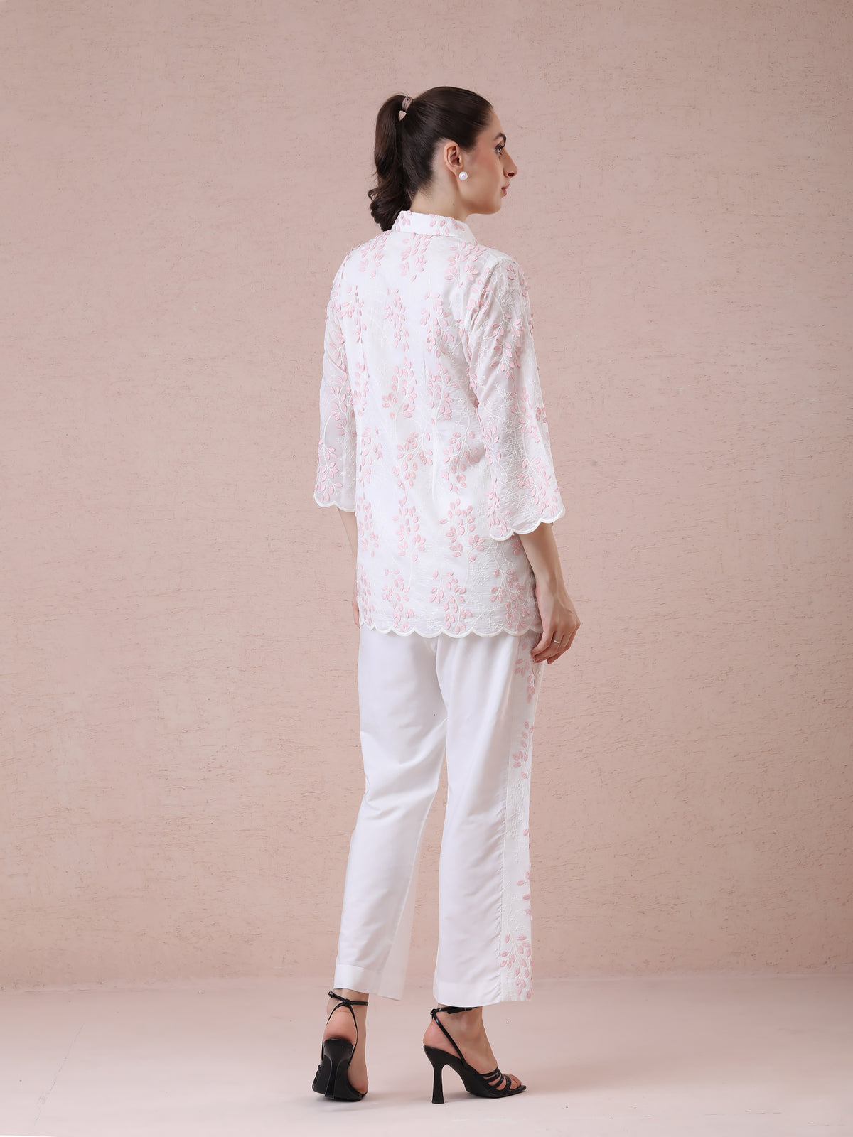 Mal Chanderi Off-White Coord Set with 3D Appliqué Work & Detailed Straight Pants — product photo