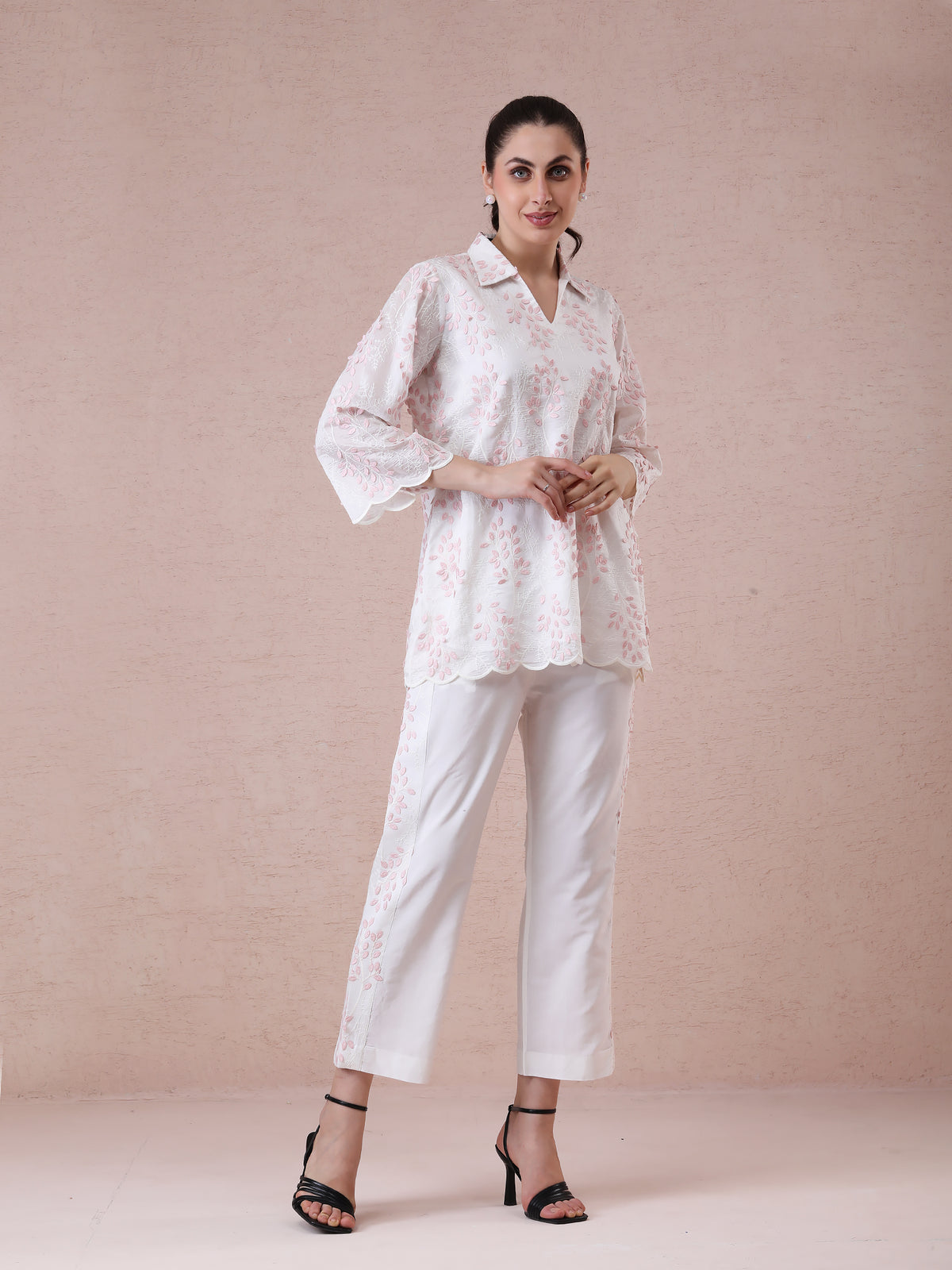 Mal Chanderi Off-White Coord Set with 3D Appliqué Work & Detailed Straight Pants — product photo