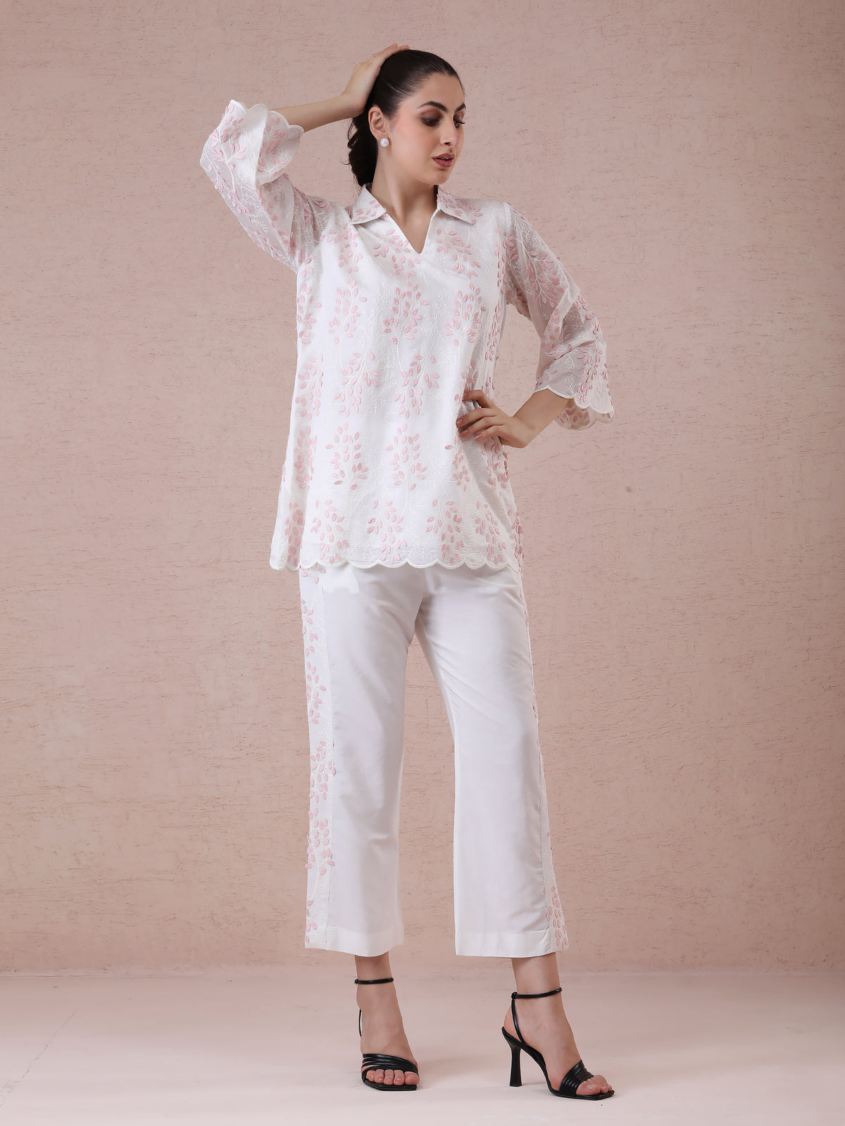 Mal Chanderi Off-White Coord Set with 3D Appliqué Work & Detailed Straight Pants — product photo