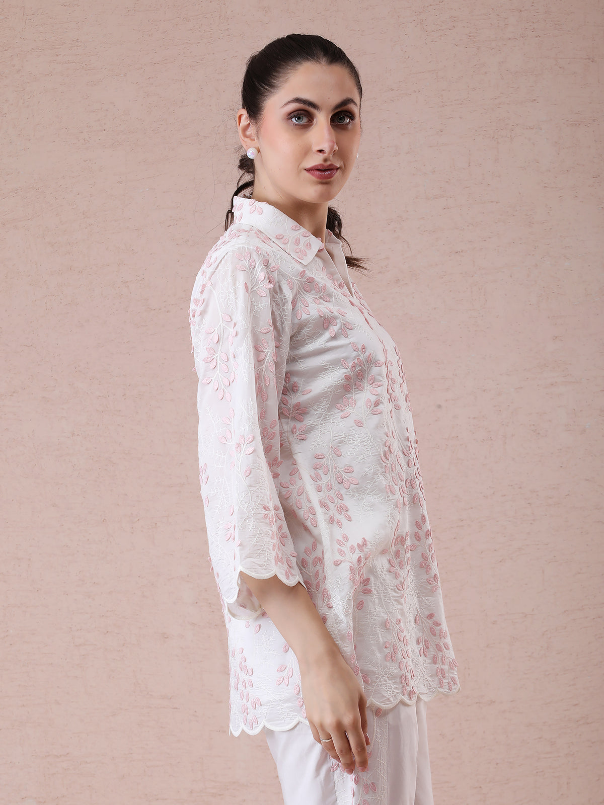 Mal Chanderi Off-White Coord Set with 3D Appliqué Work & Detailed Straight Pants — product photo