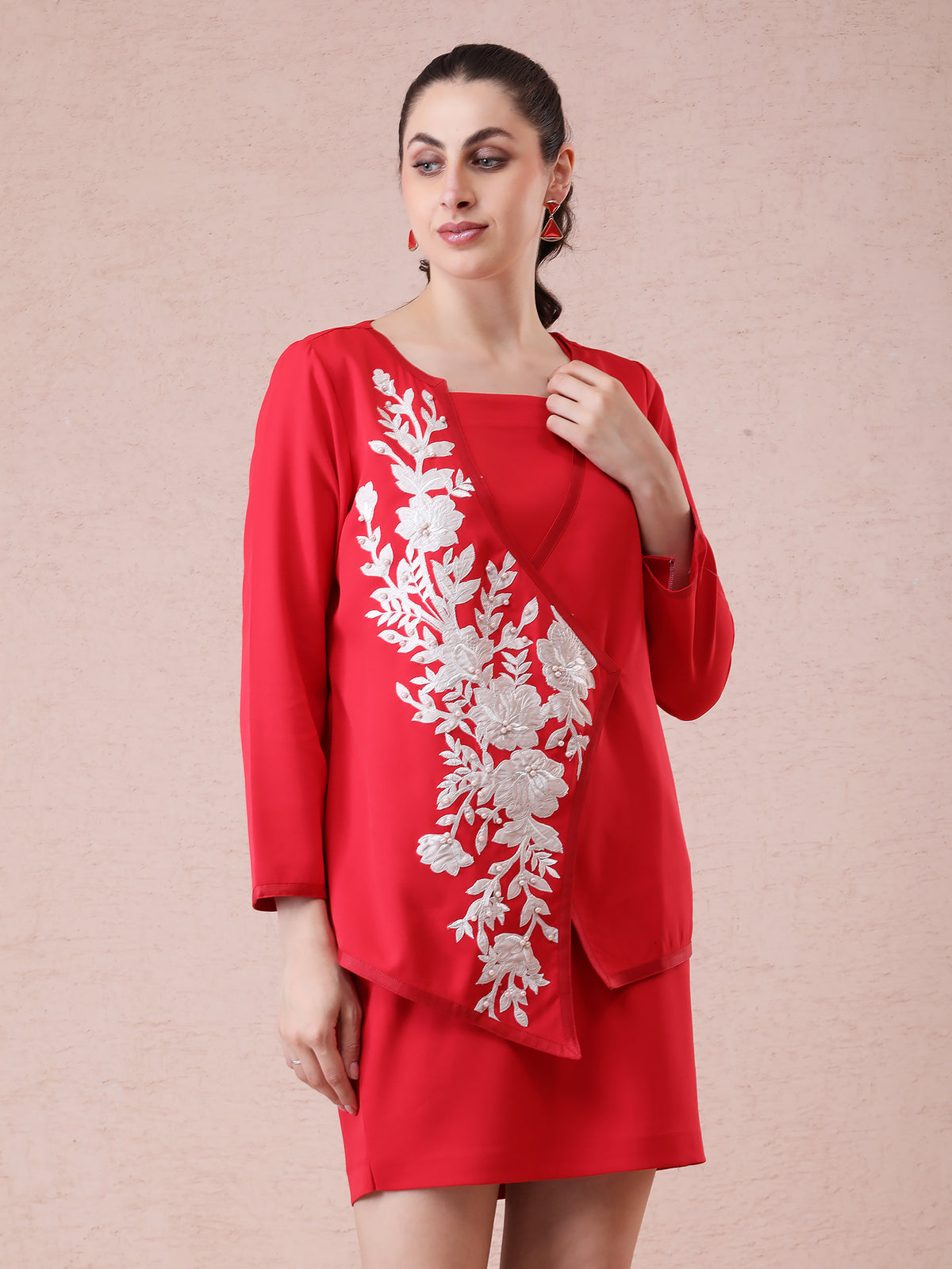 Red Banana Crepe Dress with Asymmetrical Jacket and Applique Embroidery — product photo