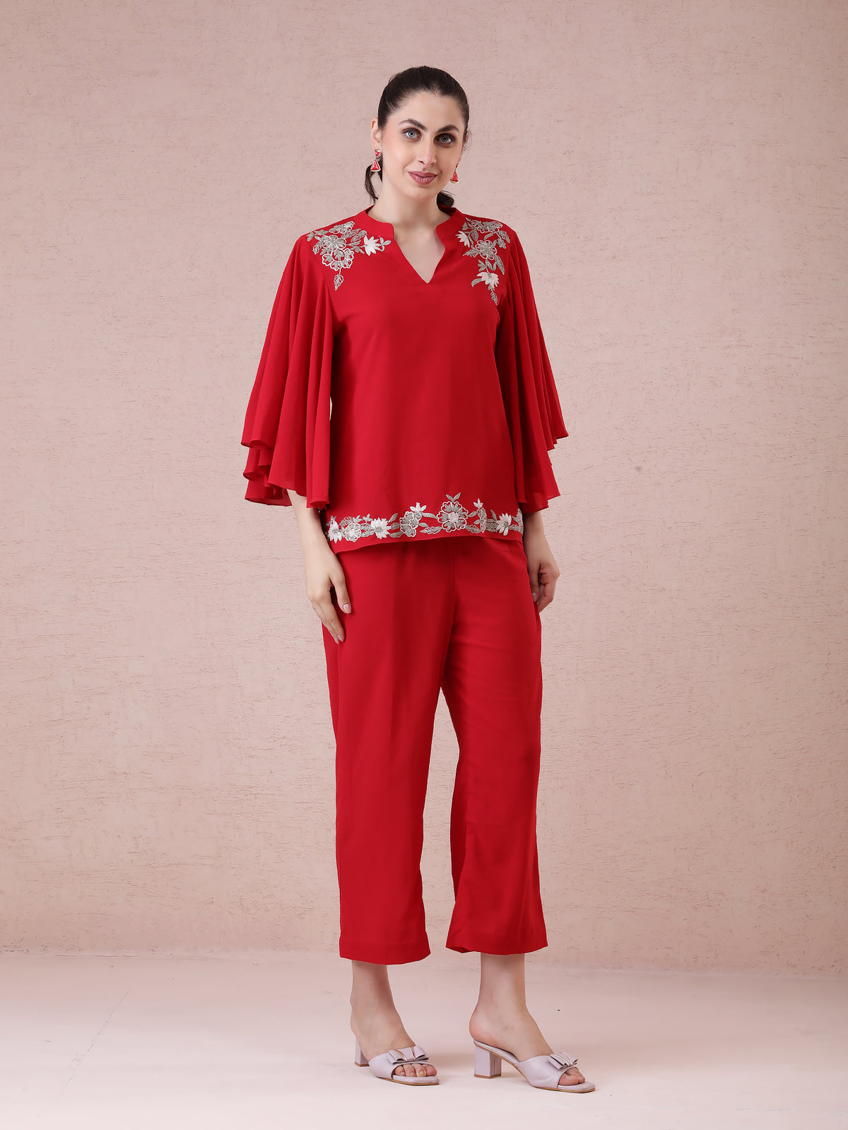 Red Georgette Coord Set with Thread Zari Embroidery & Flared Sleeves