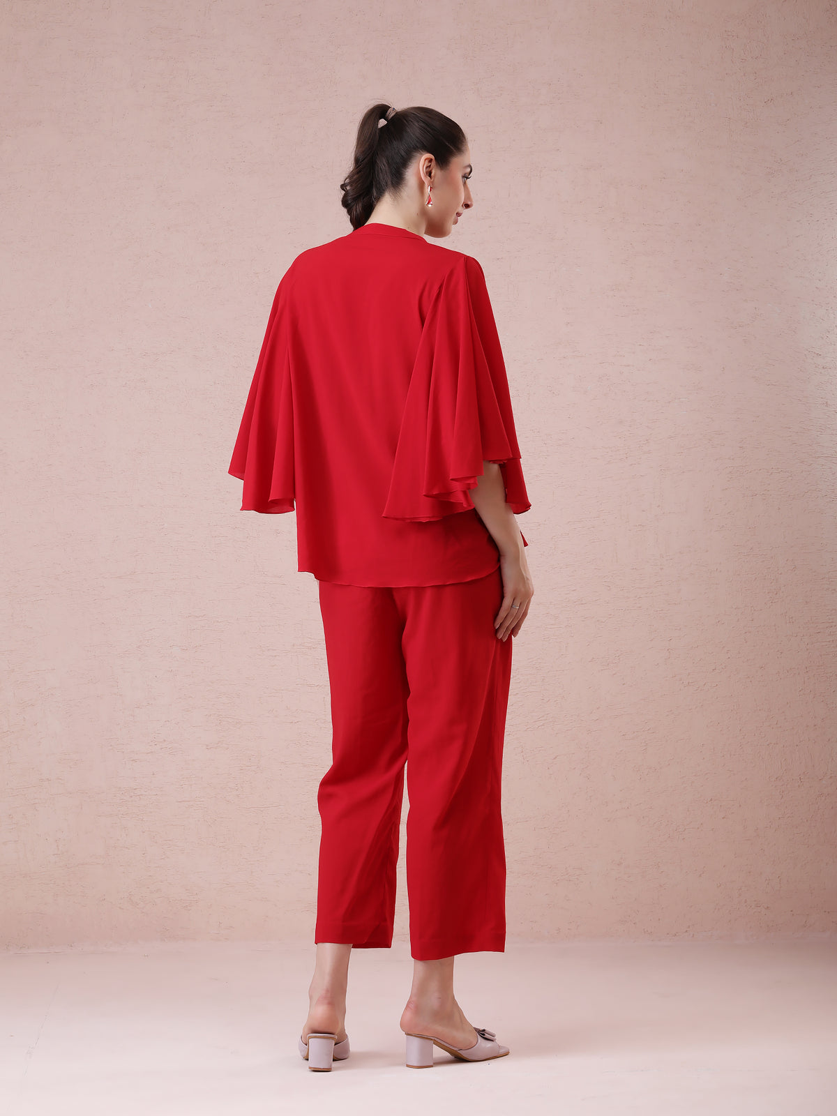 Red Georgette Coord Set with Thread Zari Embroidery & Flared Sleeves — product photo