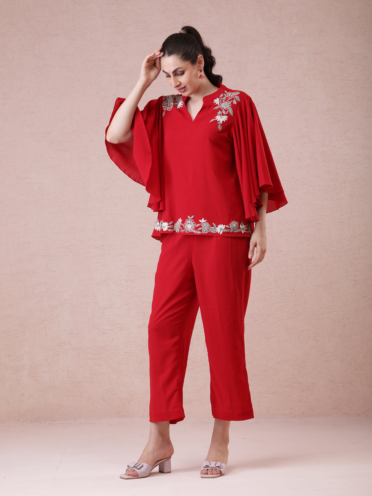 Red Georgette Coord Set with Thread Zari Embroidery & Flared Sleeves — product photo