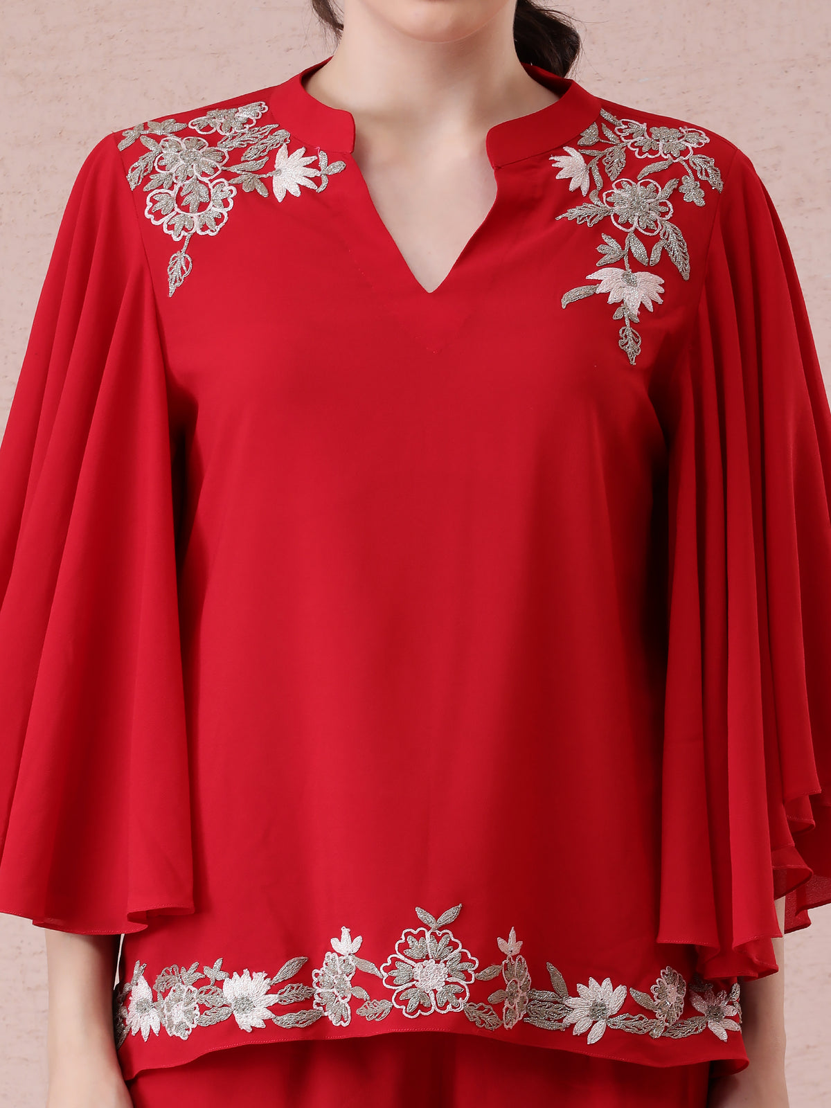 Red Georgette Coord Set with Thread Zari Embroidery & Flared Sleeves — product photo