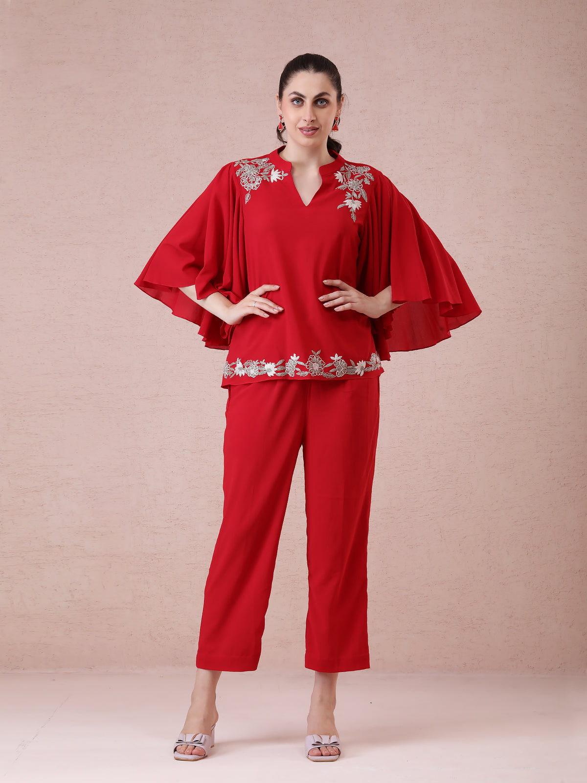 Red Georgette Coord Set with Thread Zari Embroidery & Flared Sleeves — product photo