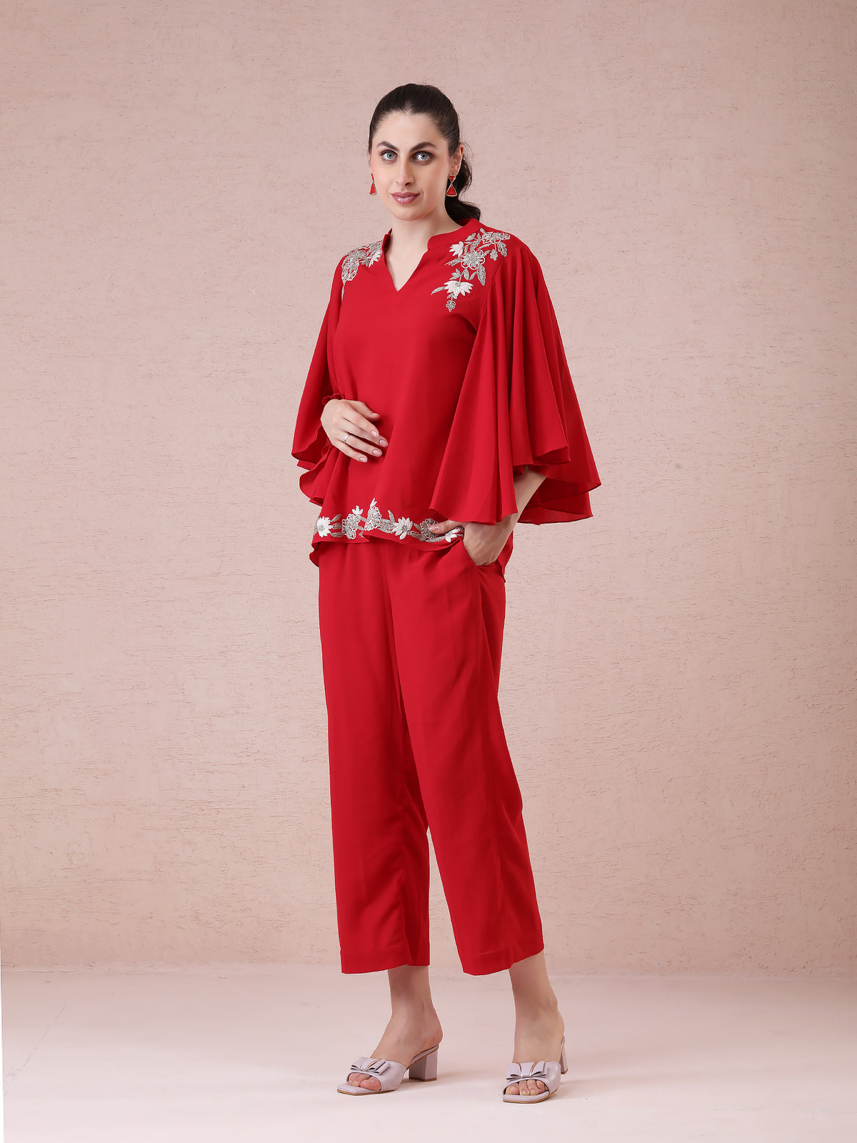 Red Georgette Coord Set with Thread Zari Embroidery & Flared Sleeves — product photo