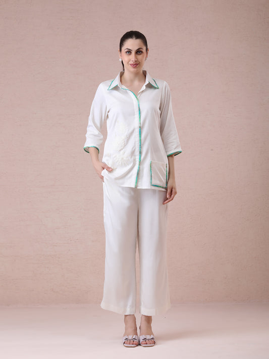 Modal Satin Off-White Coord Set with Green Box Pleating & Appliqué Embroidery