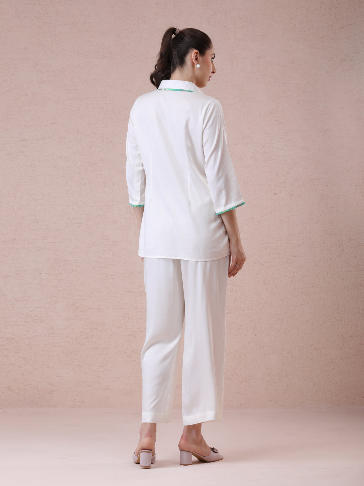 Modal Satin Off-White Coord Set with Green Box Pleating & Appliqué Embroidery — product photo
